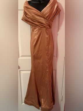Fashion Nova Off-Shoulder Satin Maxi Dress in Copper